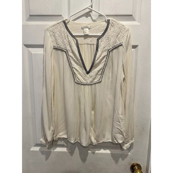 H&M Women's Off White  Chiffon Blouse Size 10 Long Sleeve Boho Embroidered - Picture 1 of 6